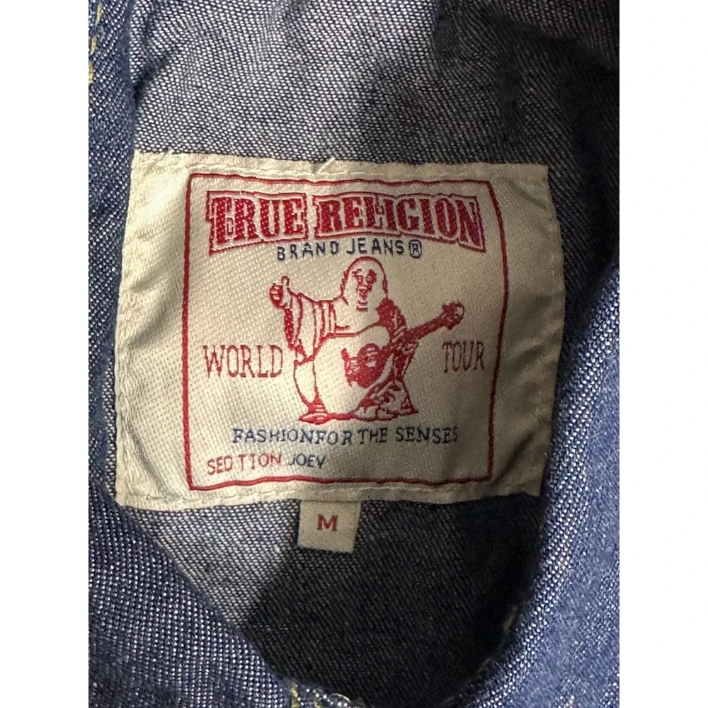 True Religion Shirt Mens M Blue Western Denim Pearl Snap 3 Needle .Made in USA
